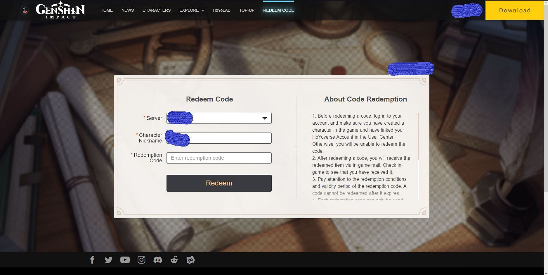 Code redemption page on the official website (Image via HoYoverse)