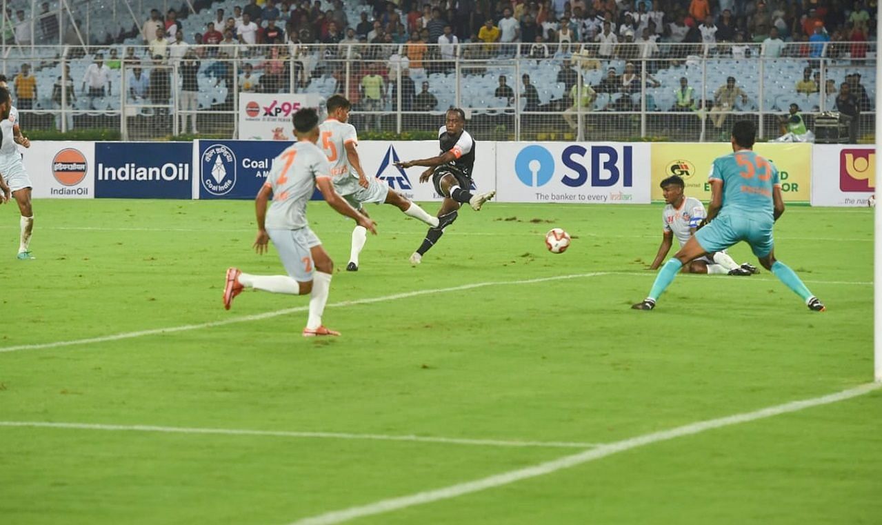Marcus Joseph scoring Mohammedan&#039;s third and final goal of the game. (Image Courtesy: Twitter/DurandCup)