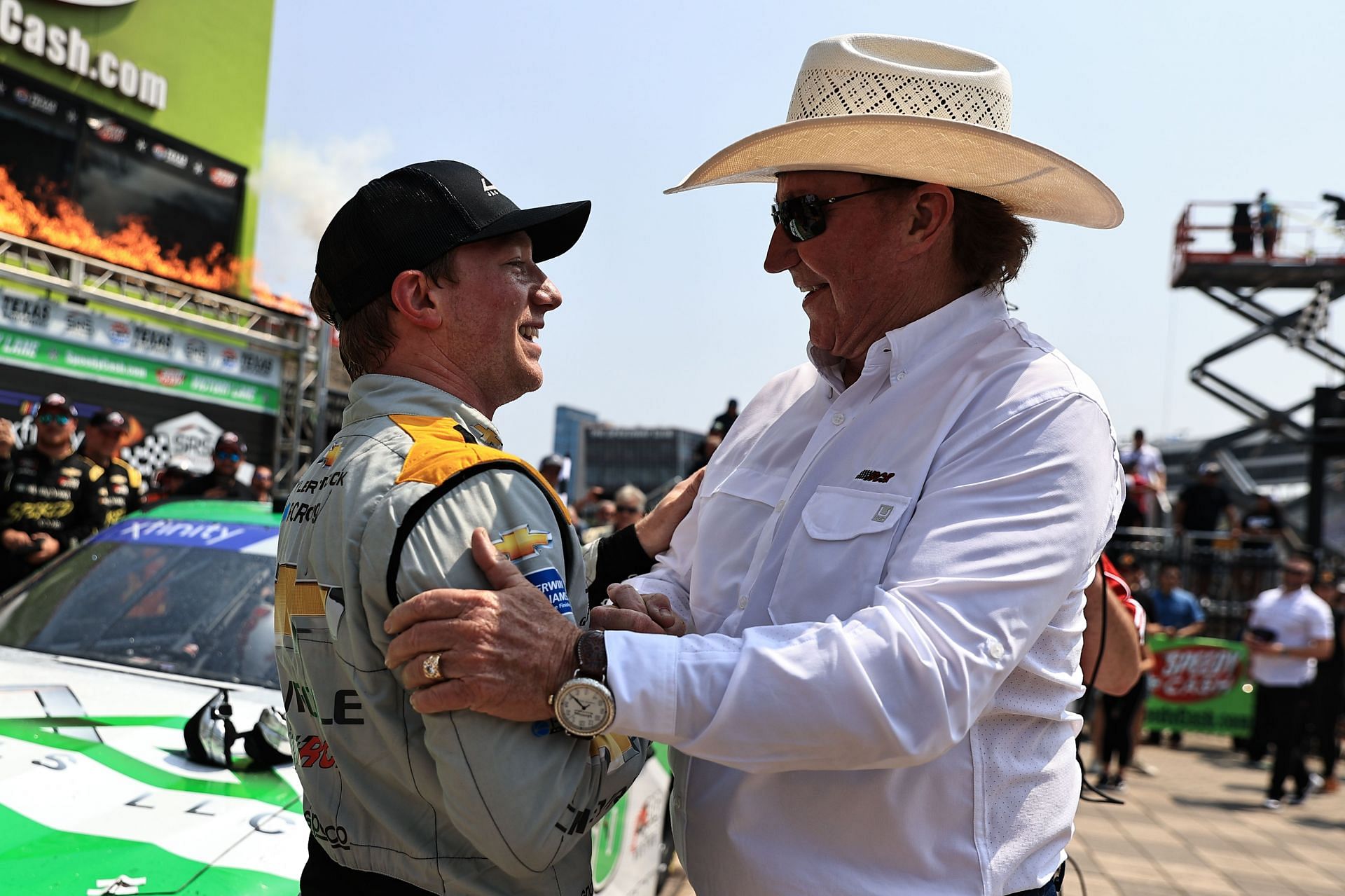 Tyler Reddick (left) is congratulated by RCR team owner Richard Childress in victory lane after winning the NASCAR Xfinity Series SRS Distribution 250 at Texas Motor Speedway