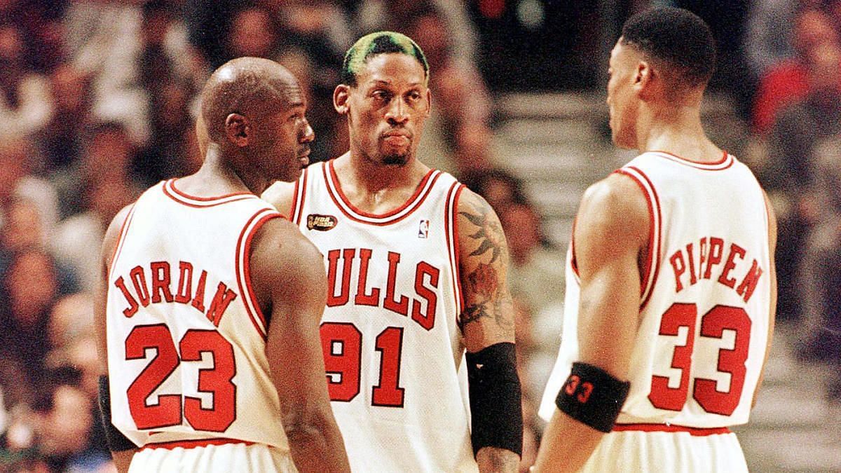 Michael Jordan with Chicago Bulls teammates Dennis Rodman (91) and Scottie Pippen (33)