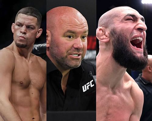 Nate Diaz (left), Dana White (middle), Khamzat Chimaev (right)