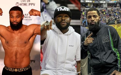 Tyron Woodley (L), Floyd Mayweather (M), and Gerald Tucker (R) [ Image credits: Getty Images and @gt_the_great_ /Instagram ]