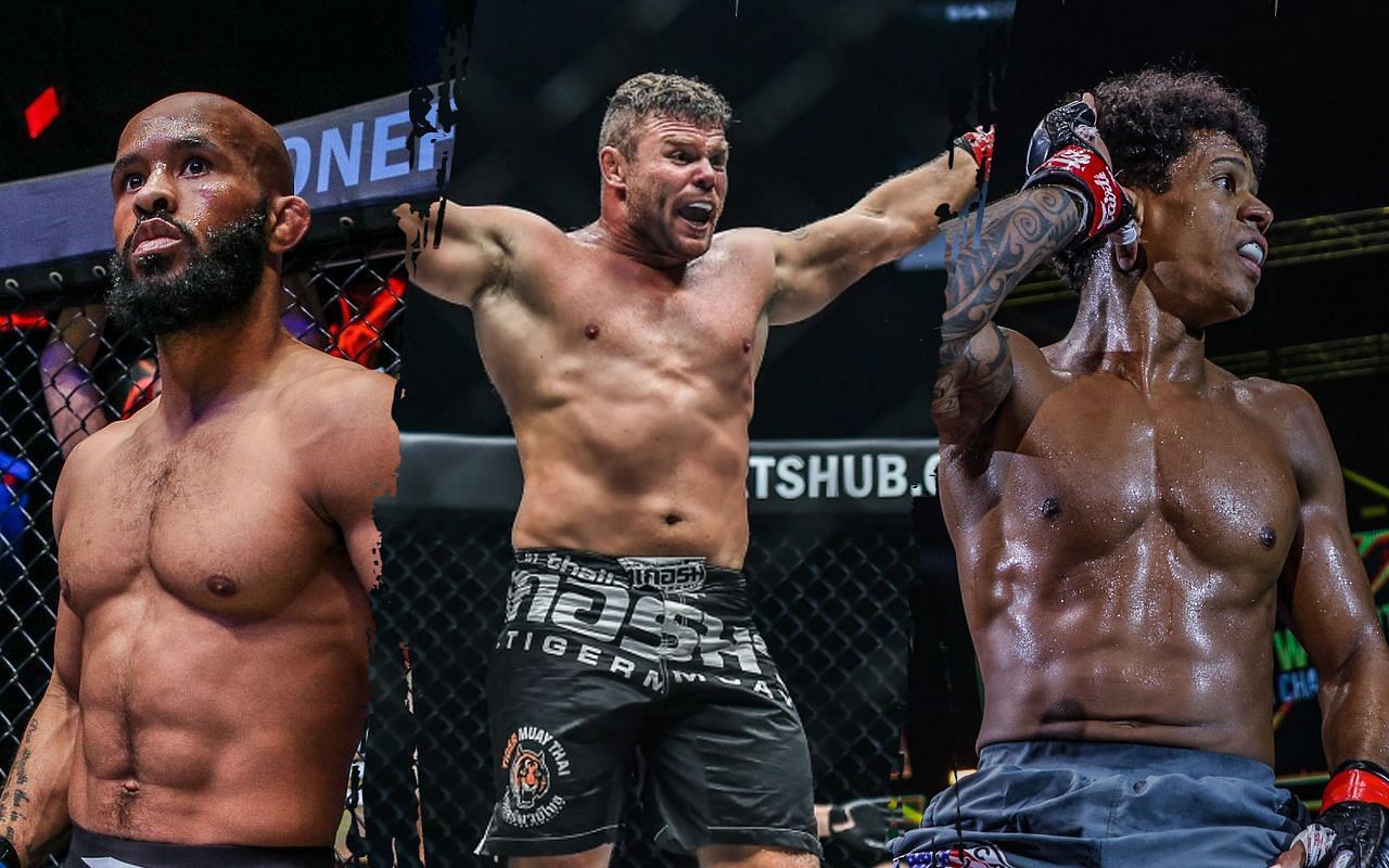 ONE interim heavyweight world champion Anatoly Malykhin (center) is excited for the world title rematch between Adriano Moraes (left) and Demetrious Johnson (right). (Image courtesy of ONE)