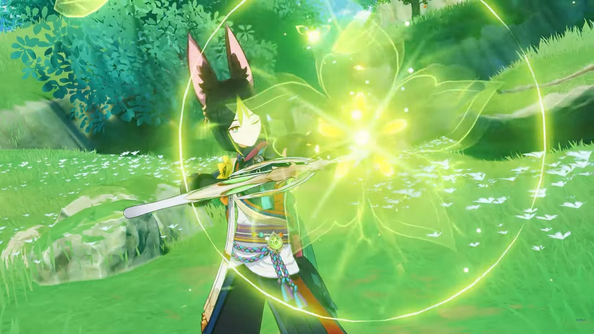 Tighnari&#039;s Charged Attack in Sumeru Gameplay Trailer (Image via HoYoverse)