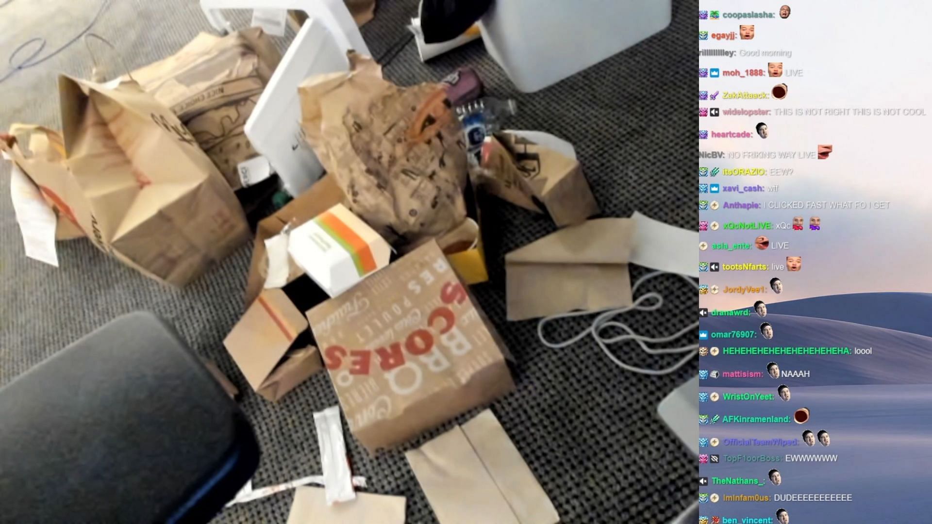 Felix shows off the mess in his new living space, and fans in the Twitch chat express a wide range of reactions (Image via Twitch)