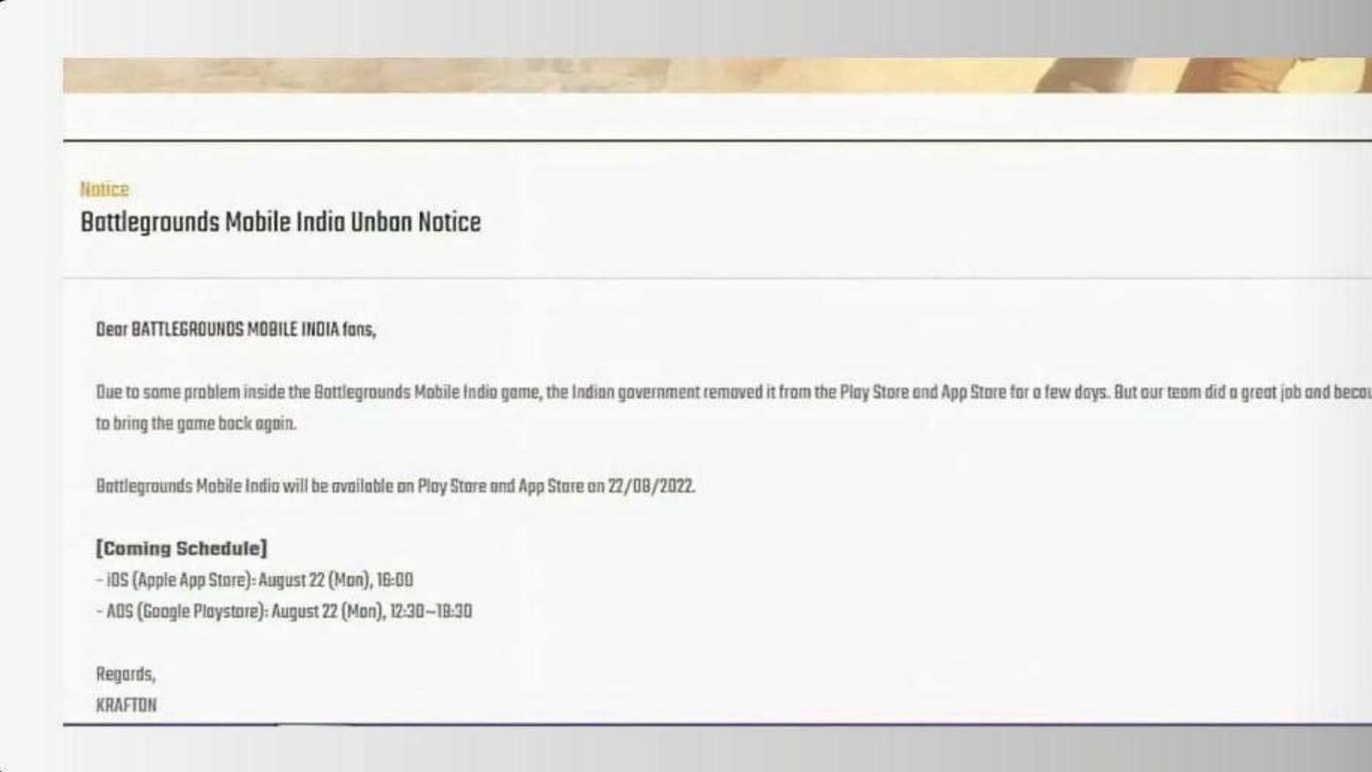 A screengrab of fake announcement by Krafton regarding the Battlegrounds Mobile India unban (Image via Twitter/@100Hitech)