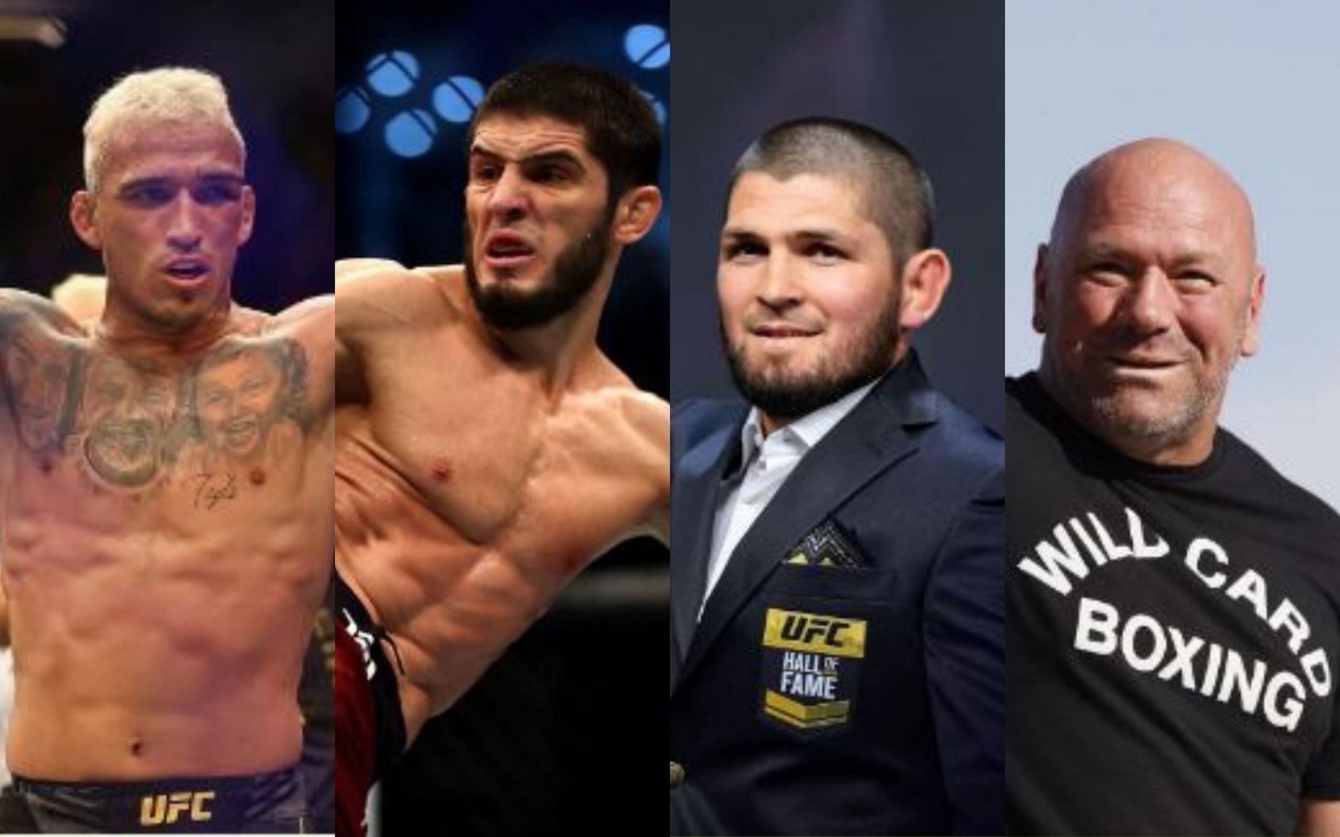 (L-R) Charles Oliveira, Islam Makhachev, Khabib Nurmagomedov, and Dana White [Image credits: Getty]