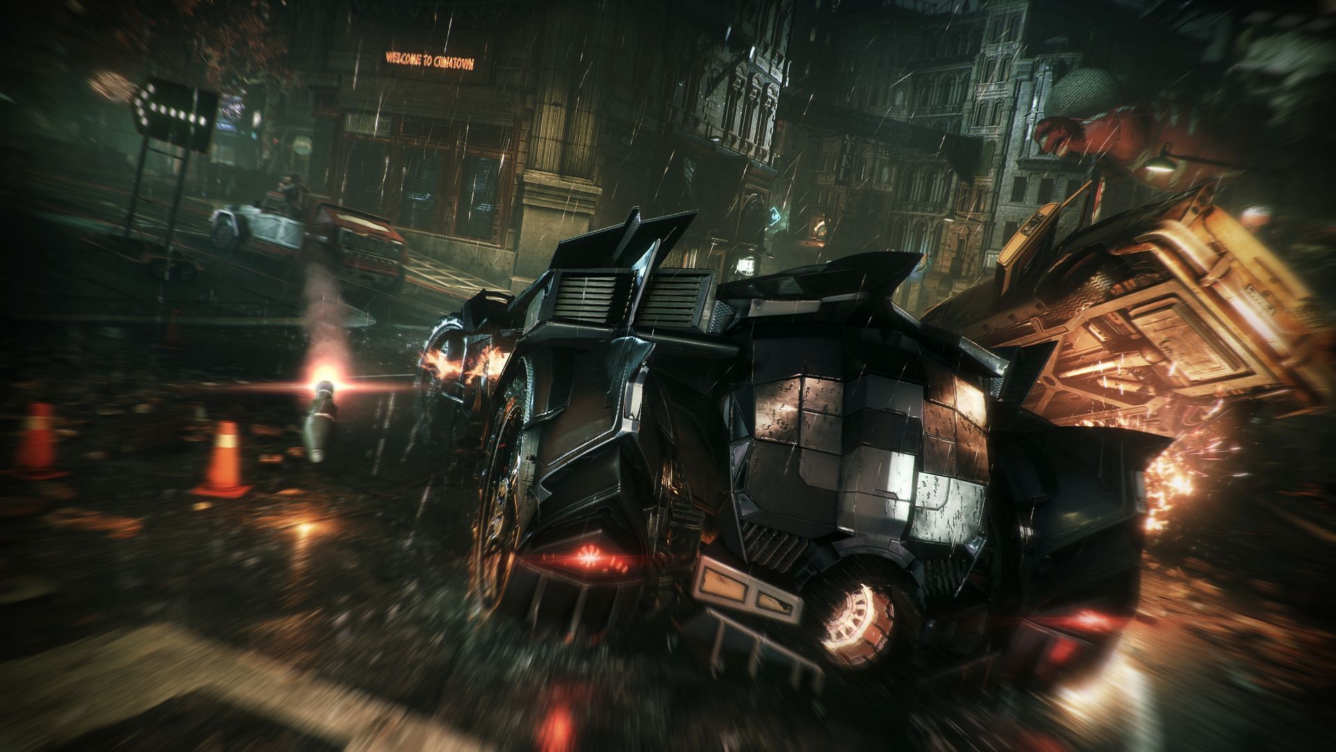 The Batmobile chases down a militia vehicle in Arkham Knight&#039;s open world (Image via Rocksteady Studios)