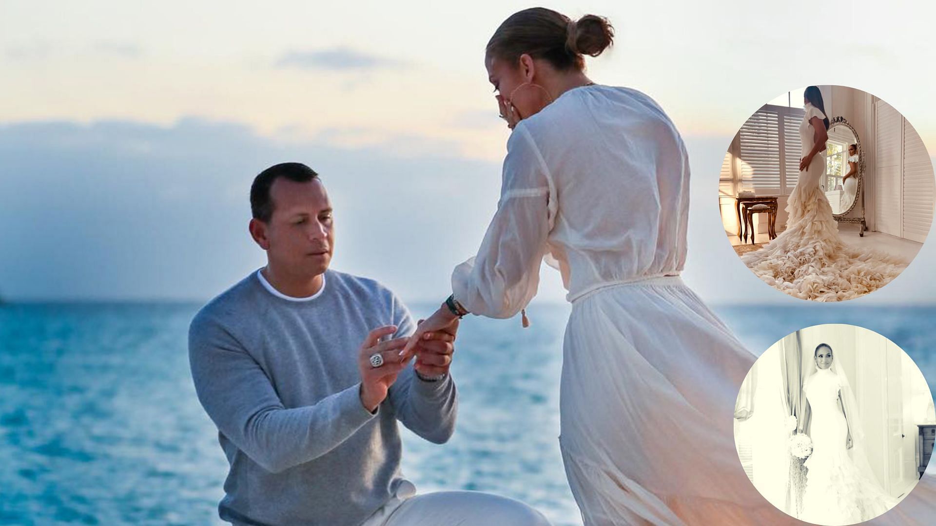 Alex Rodriguez proposing Jennifer Lopez in 2019; Jennifer Lopes flaunting her Ralph Lauren wedding gown (insets).