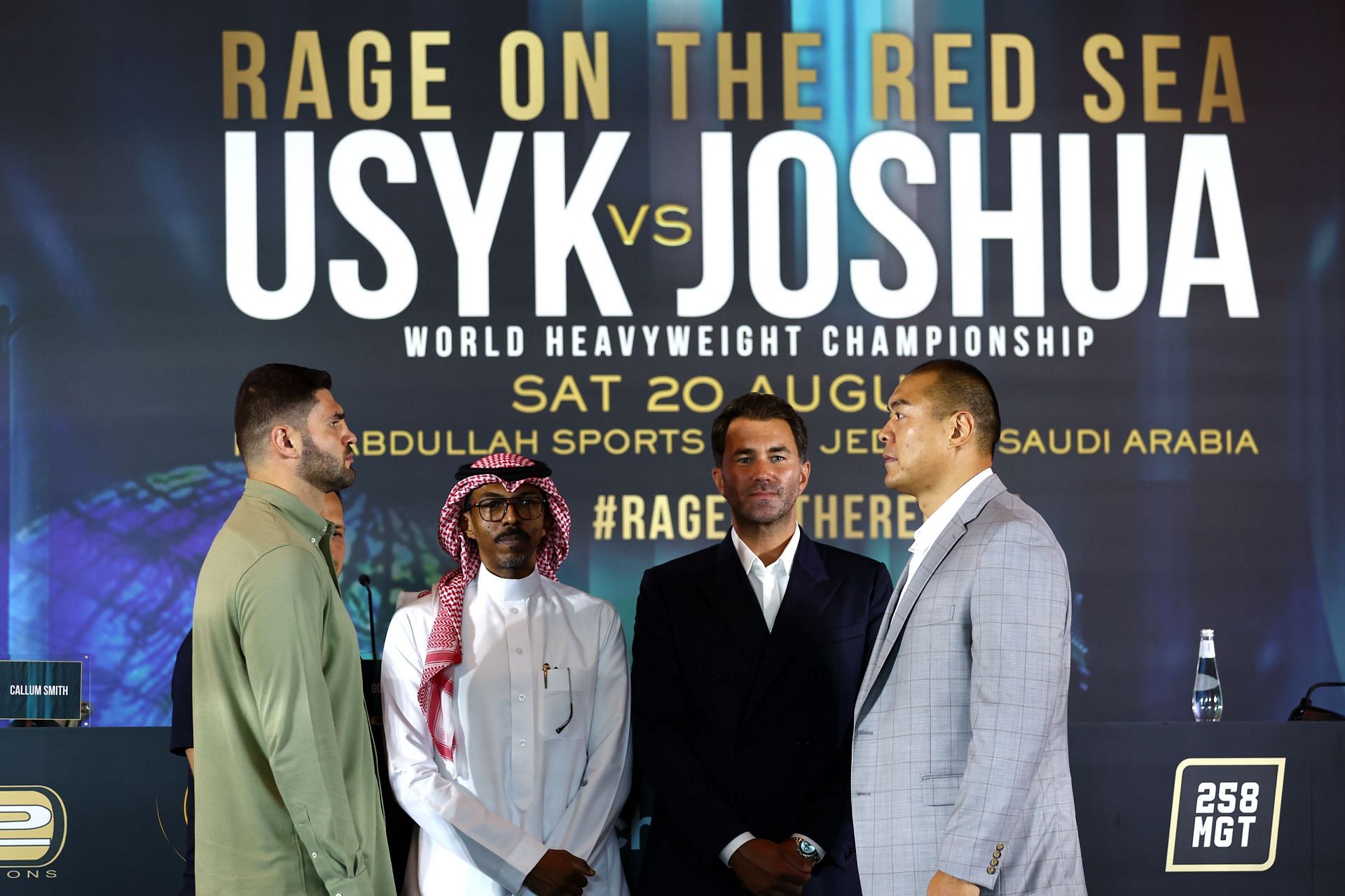 Filip Hrgovic (far left) and Zhang Zhilei (far right) at the Oleksandr Usyk v Anthony Joshua 2 - Press Conference