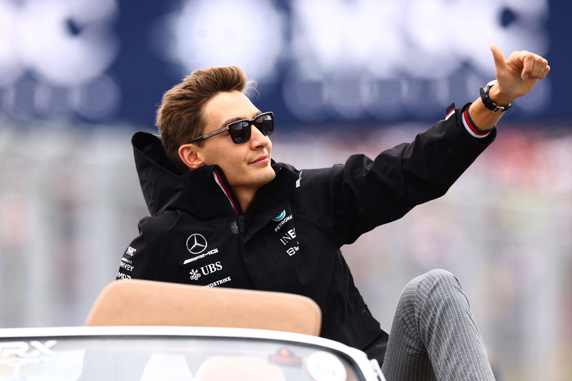 George Russell of Great Britain and Mercedes waves to the crowd on the drivers parade ahead of the F1 Grand Prix of Hungary at Hungaroring on July 31, 2022 in Budapest, Hungary. (Photo by Francois Nel/Getty Images)
