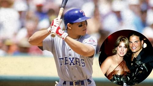 Pudge at bat for the Texas Rangers; Ivan Rodriguez and Maribel Rivera during the course of their married life (inset)