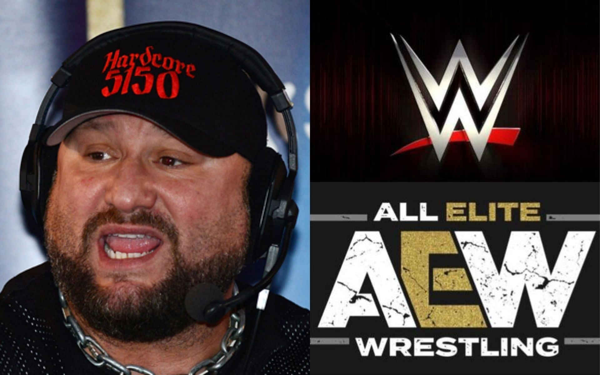 Bubba Ray (left) and AEW and WWE logos (right).