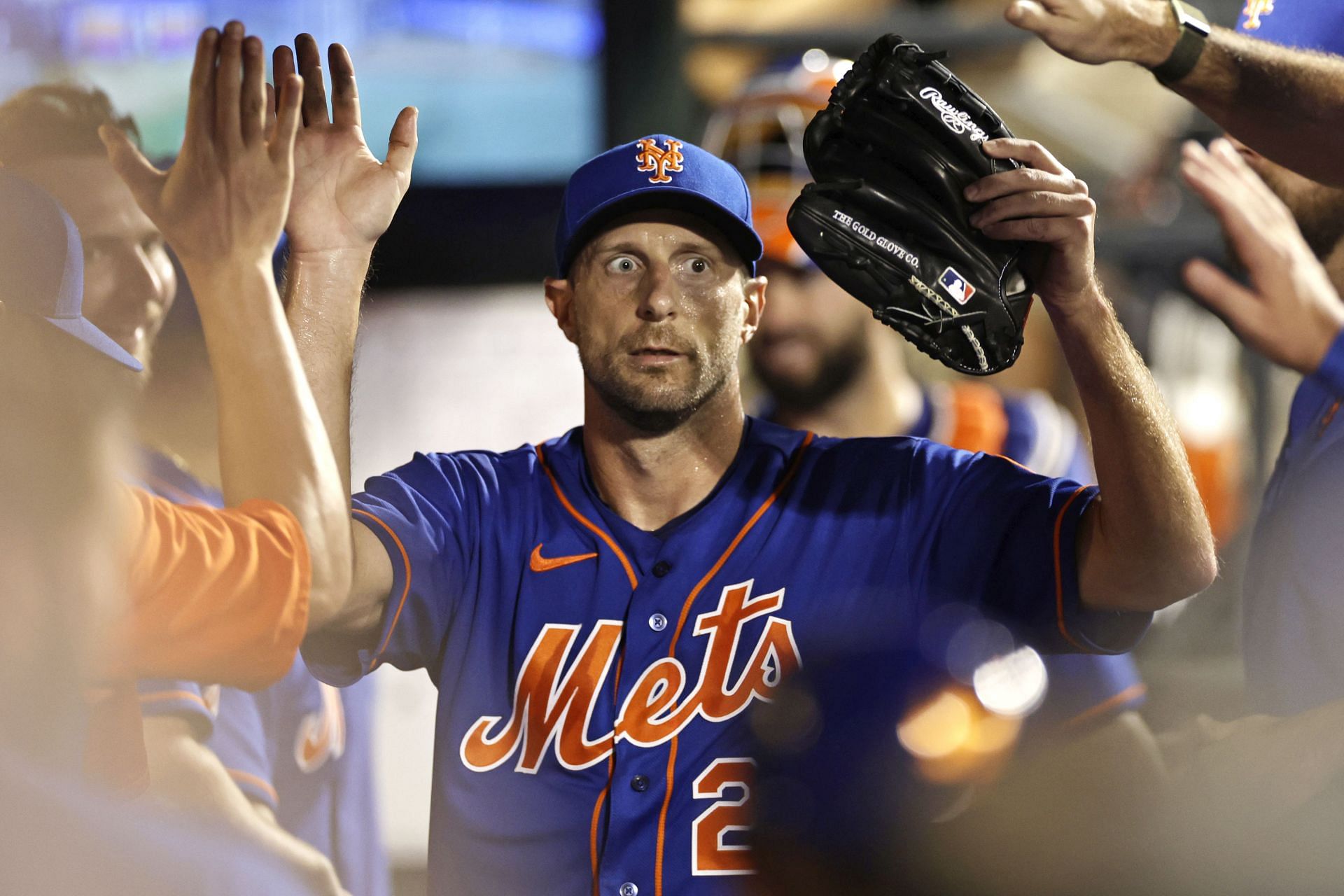 Pitcher Max Scherzer of the New York Mets celebrates during a game against the Atlanta Braves.