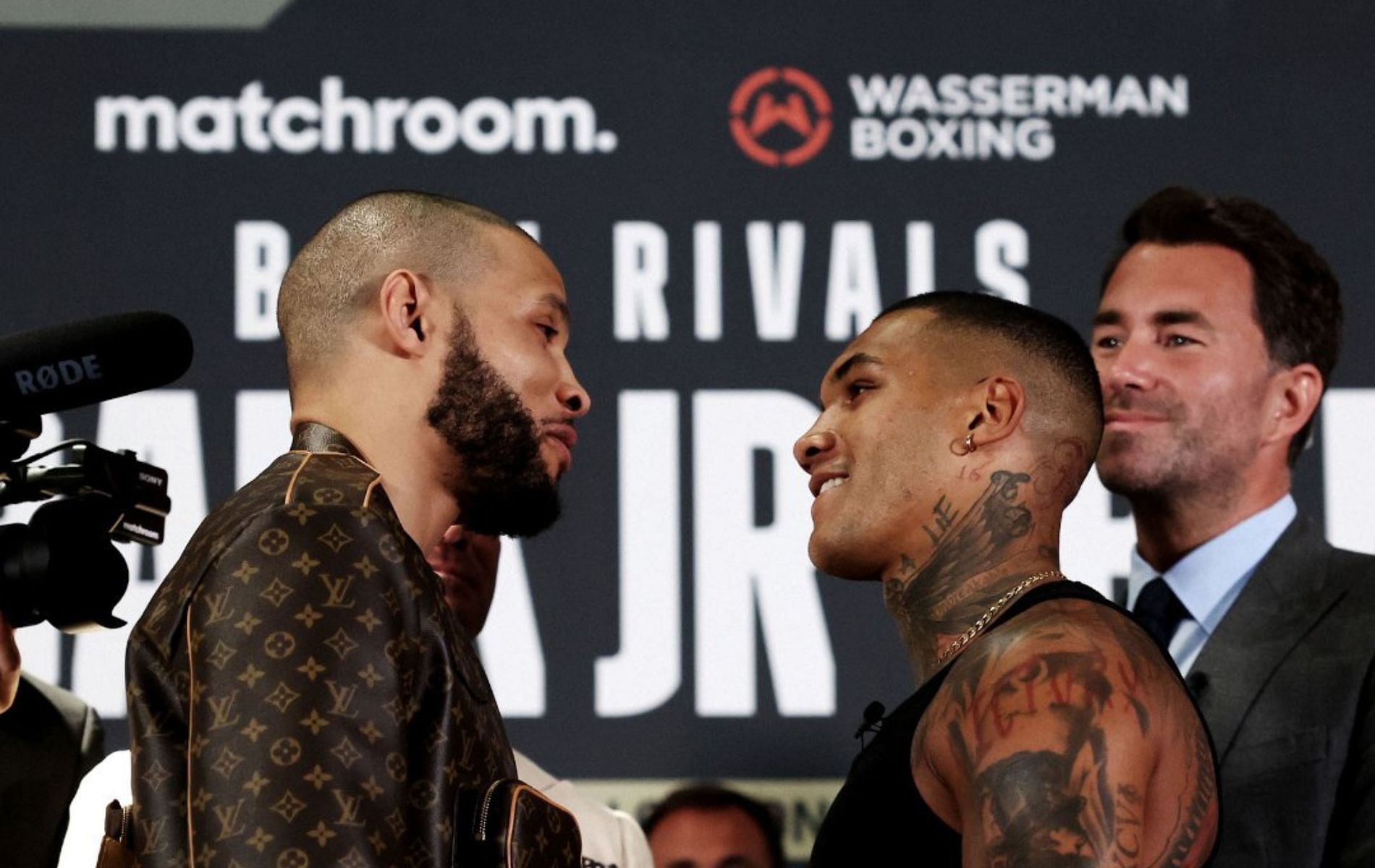 Chris Eubank Jr. (left) and Conor Benn (right) face off at the press conference (image via Twitter @DAZNboxing)