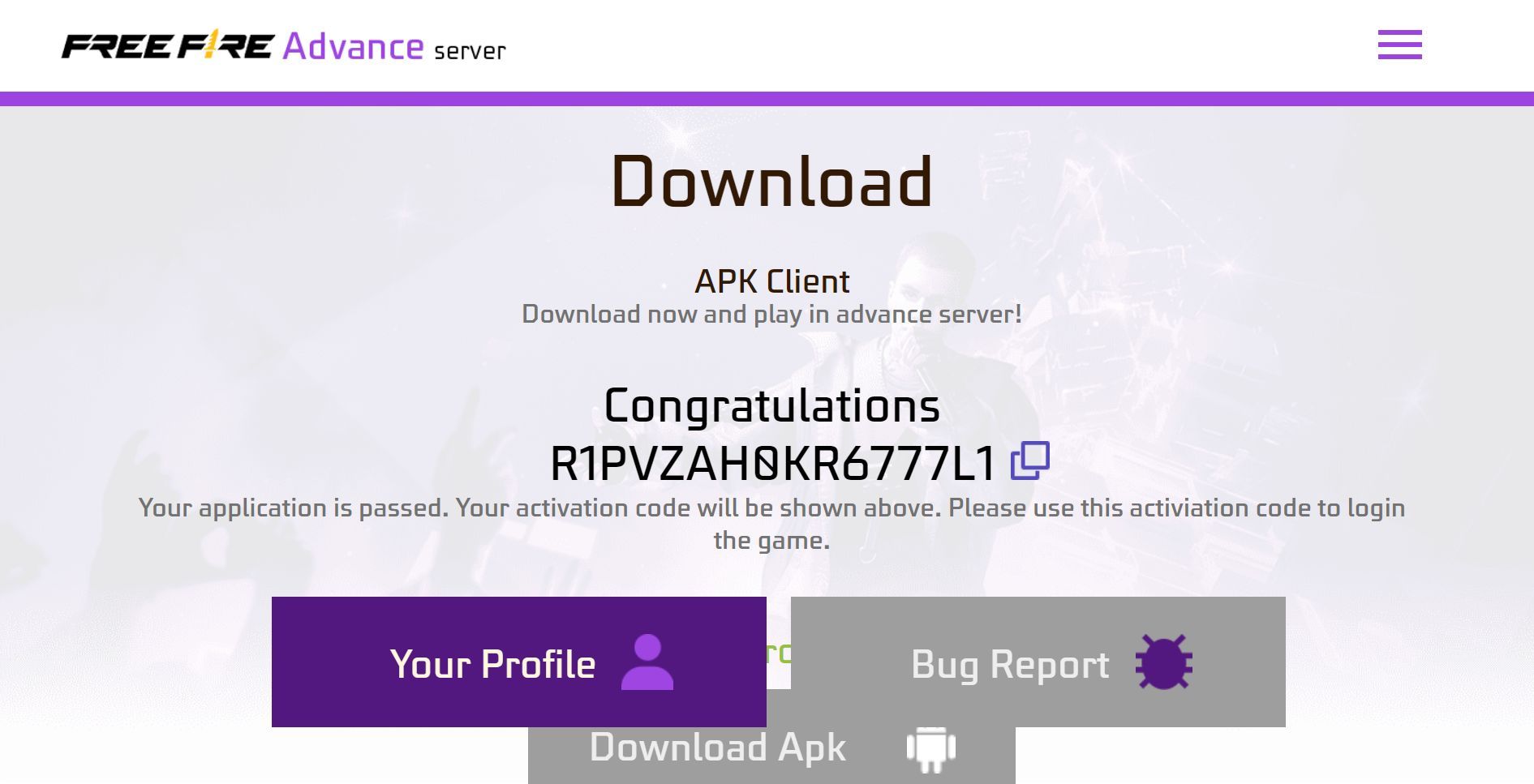 You can copy the Activation Code and use it to unlock the Advance Server APK (Image via Garena)