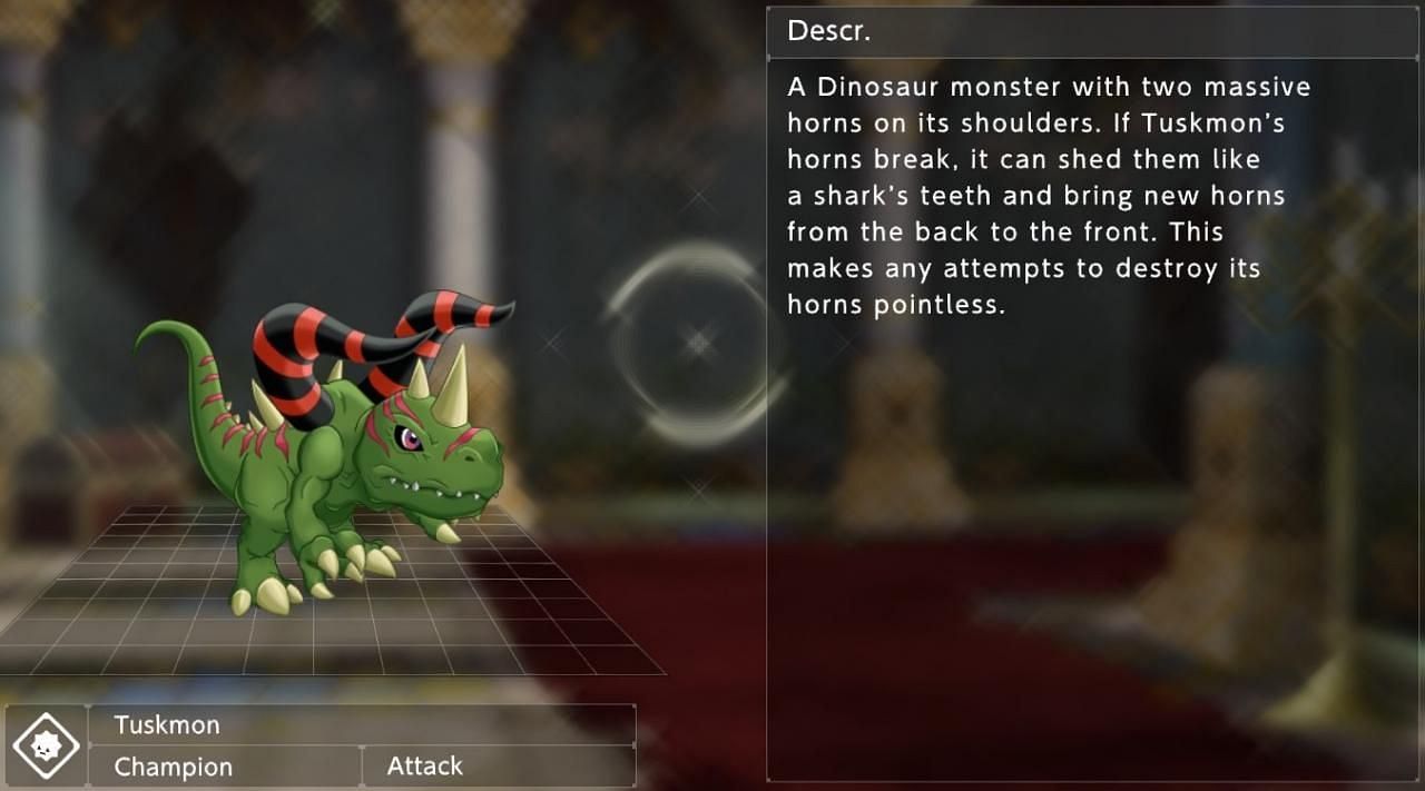 A look at Tuskmon&#039;s description in Digimon Survive (Image via Bandai Namco)