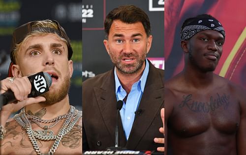 From left to right : Jake Paul, Eddie Hearn, and Olajide 'KSI' Olatunji