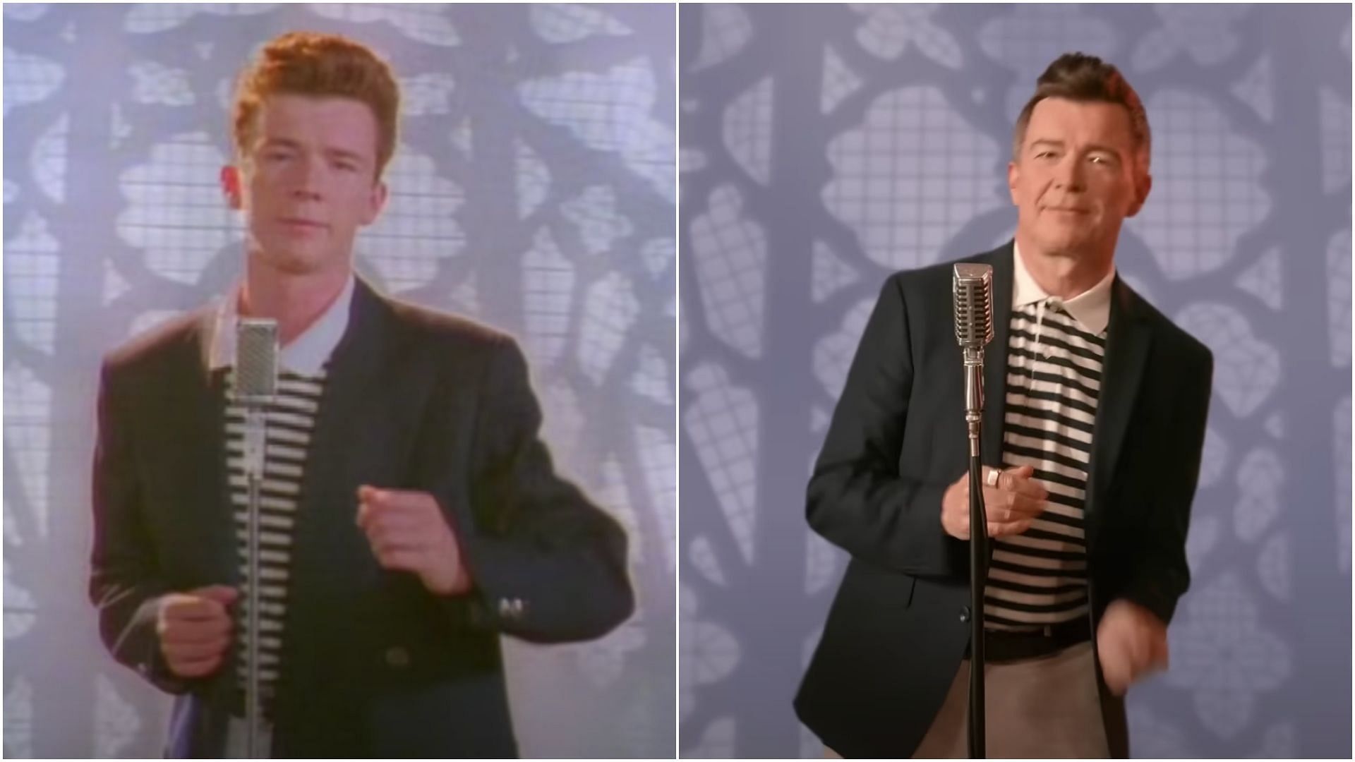 Rick Astley in the original Never Gonna Give You Up video from 1987 and the recent ad. (Screenshots via YouTube)
