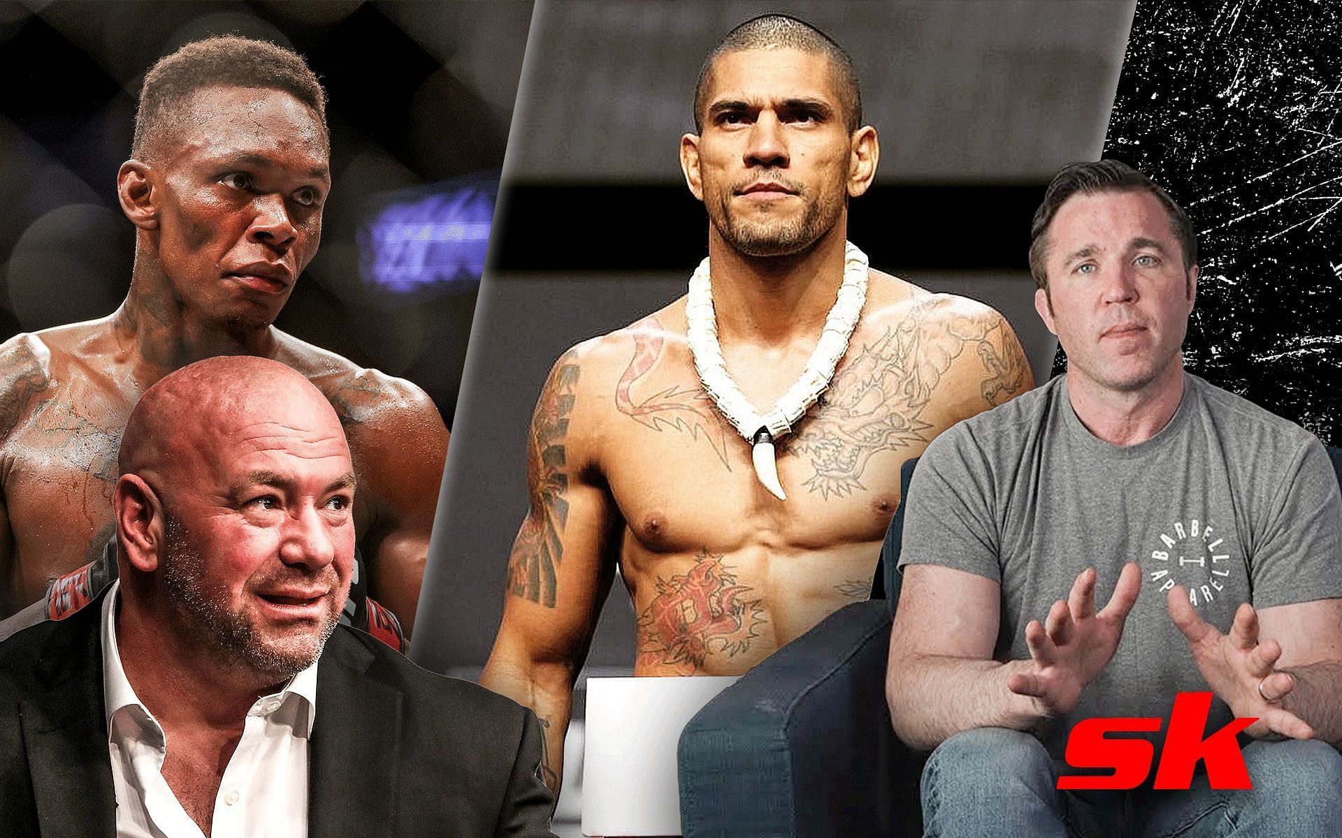 Dana White (bottom left), Israel Adesanya (top left), Alex Pereira (center), Chael Sonnen (bottom right). [Images courtesy: Alex Pereira from his Instagram, Chael Sonnen from his YouTube channel and the rest via Getty Images]