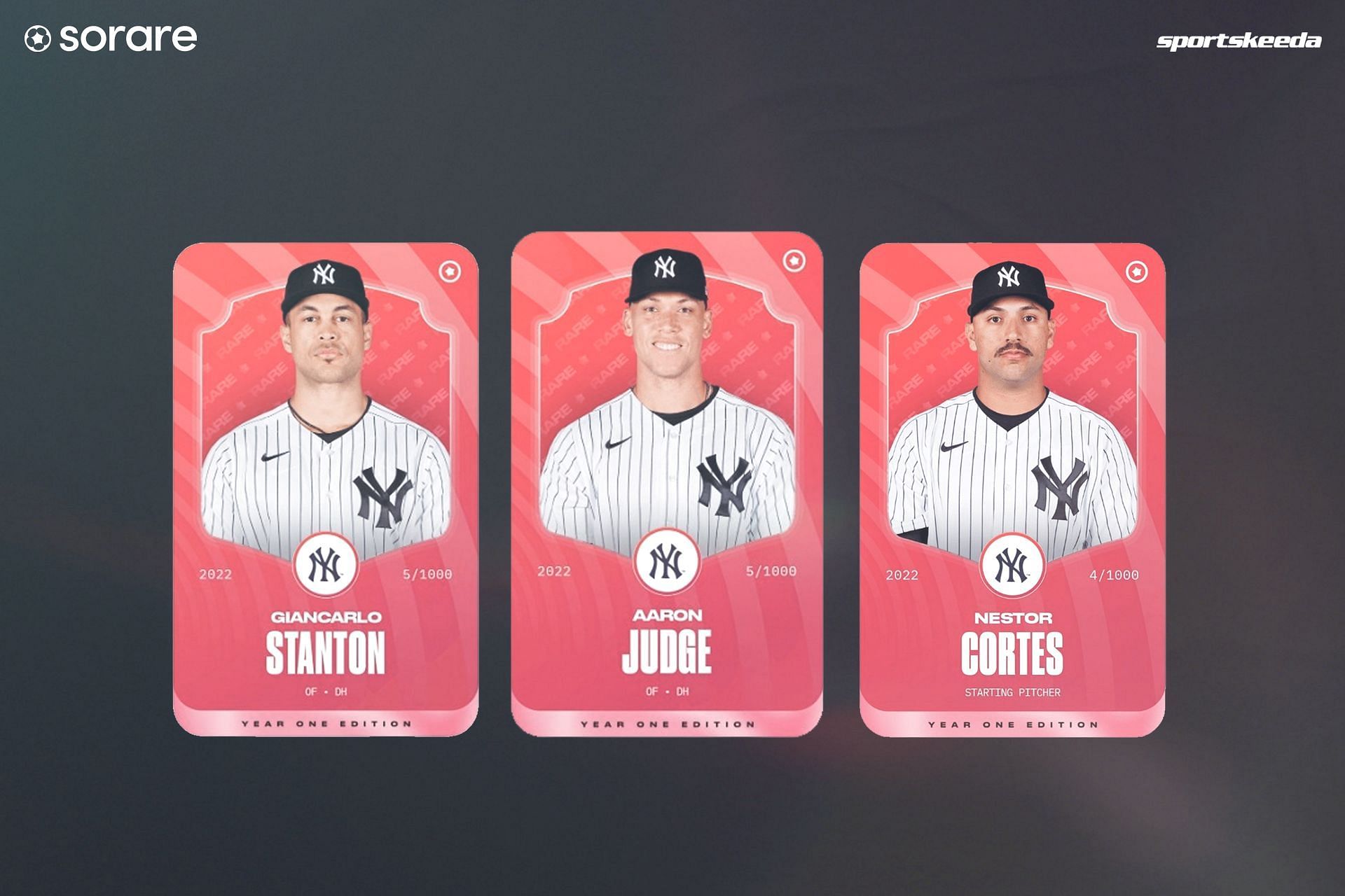 Giancarlo Stanton (left), Aaron Judge (middle) and Nestor Cortes (right) are all featured in MLB Sorare.