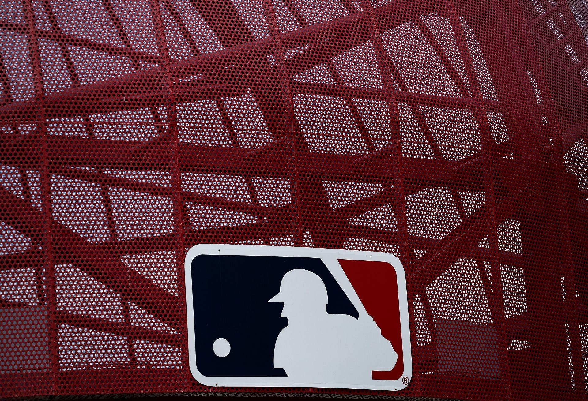 Major League Baseball logo at Angels Stadium in Anaheim, California ahead of Opening Day 2022 Oakland Athletics v Los Angeles Angels game.