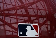 Major League Baseball logo at Angels Stadium in Anaheim, California ahead of Opening Day 2022 Oakland Athletics v Los Angeles Angels game.