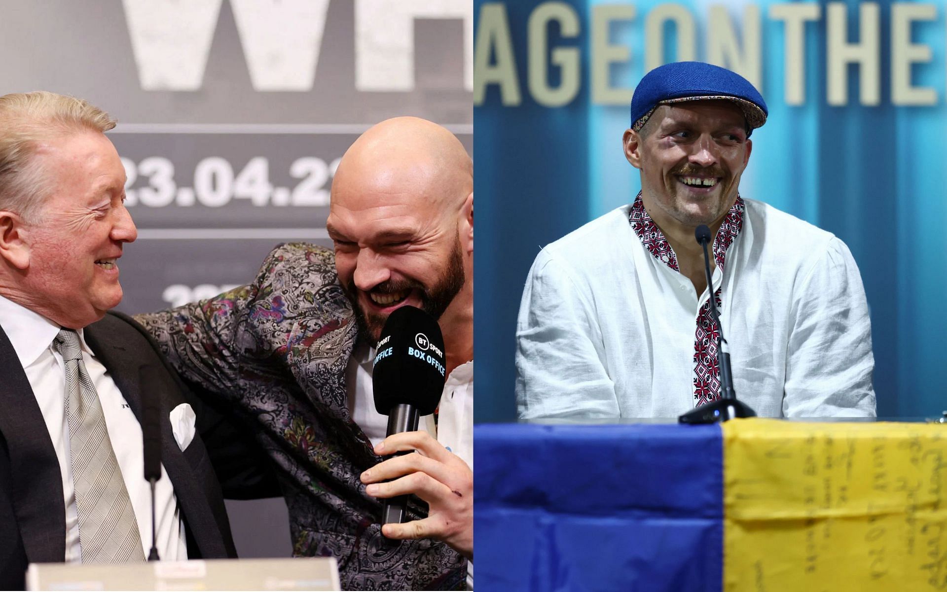 Frank Warren and Tyson Fury (L), and Oleksandr Usyk (R).