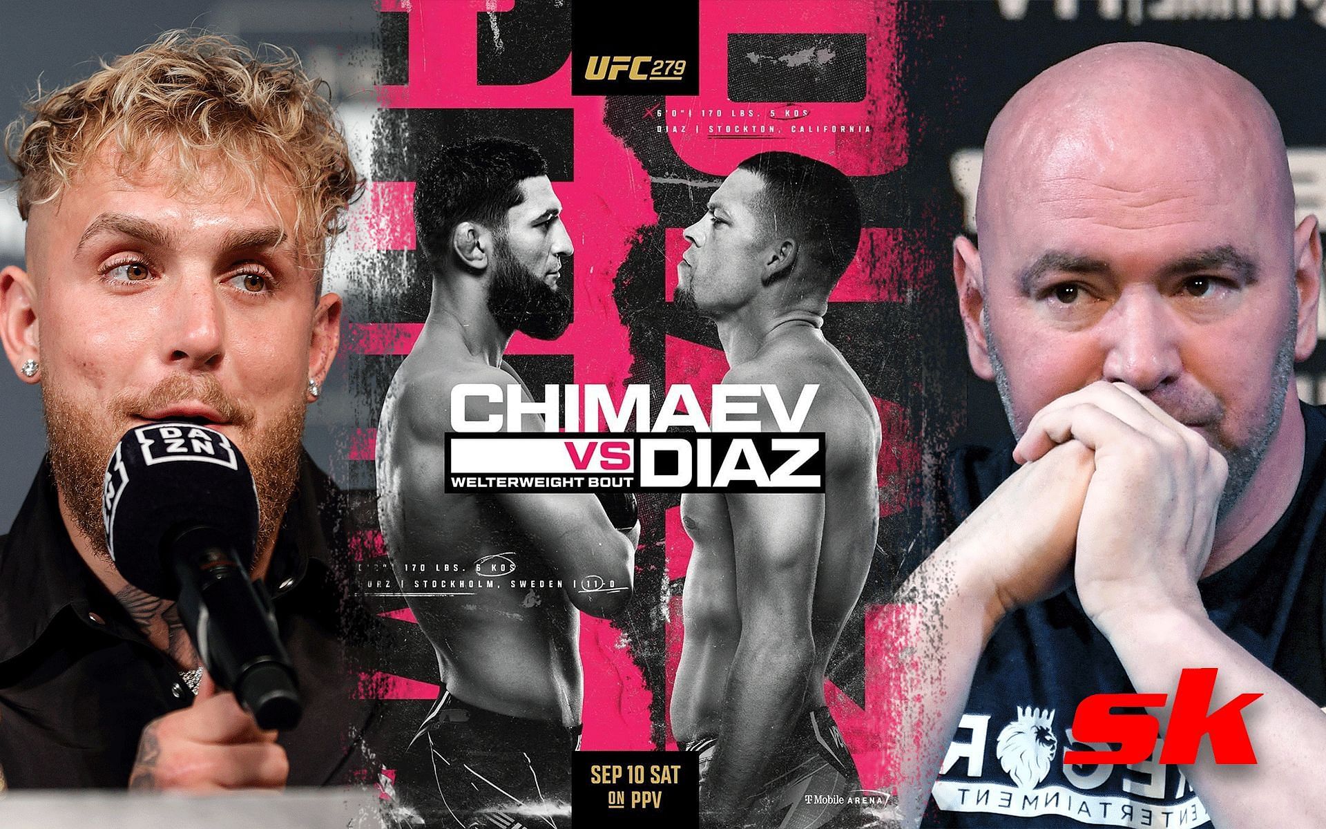 (L to R) Jake Paul, Khamzat Chimaev vs. Nate Diaz poster (via @ufc on Instagram), Dana White
