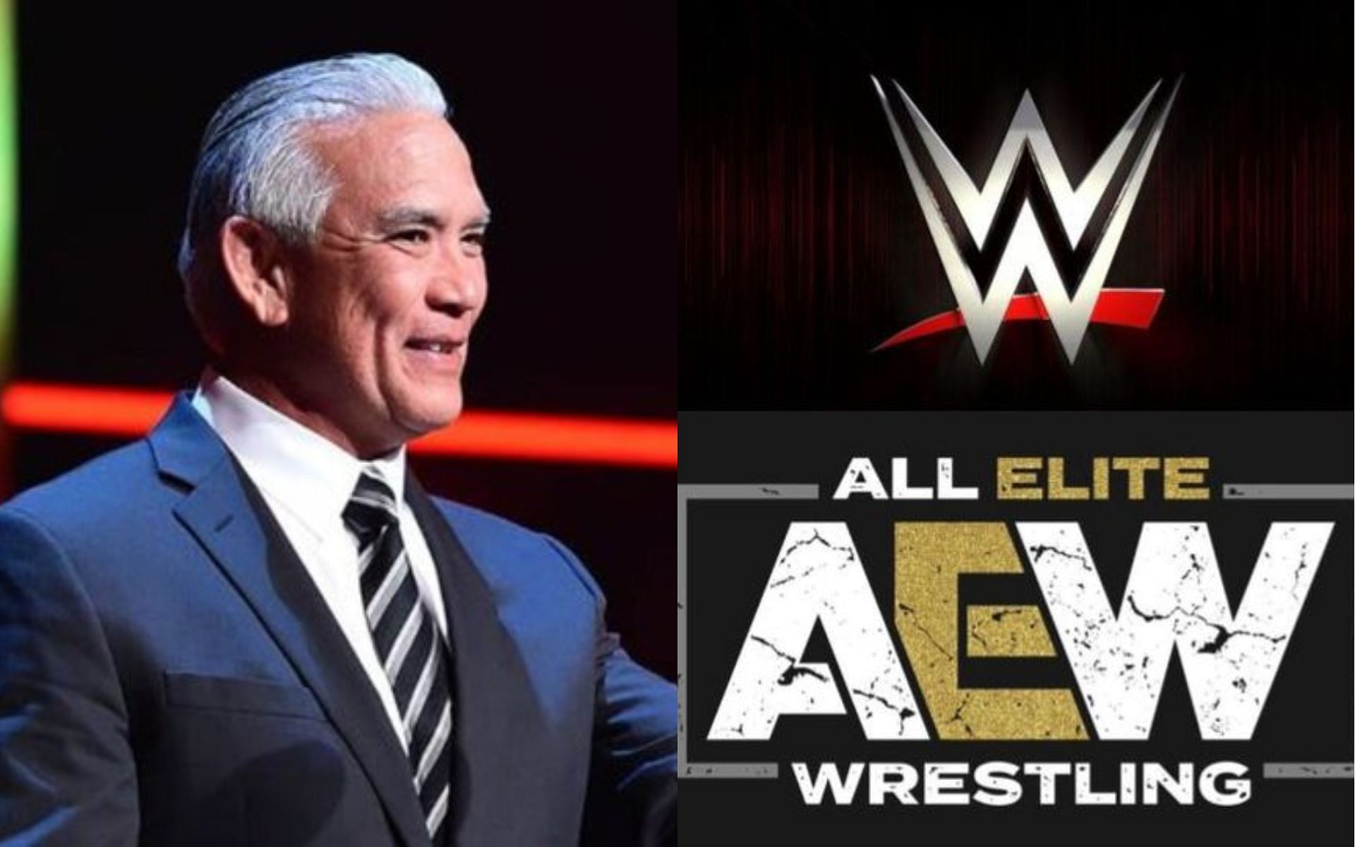 Ricky Steamboat (left) and AEW and WWE logos (right).