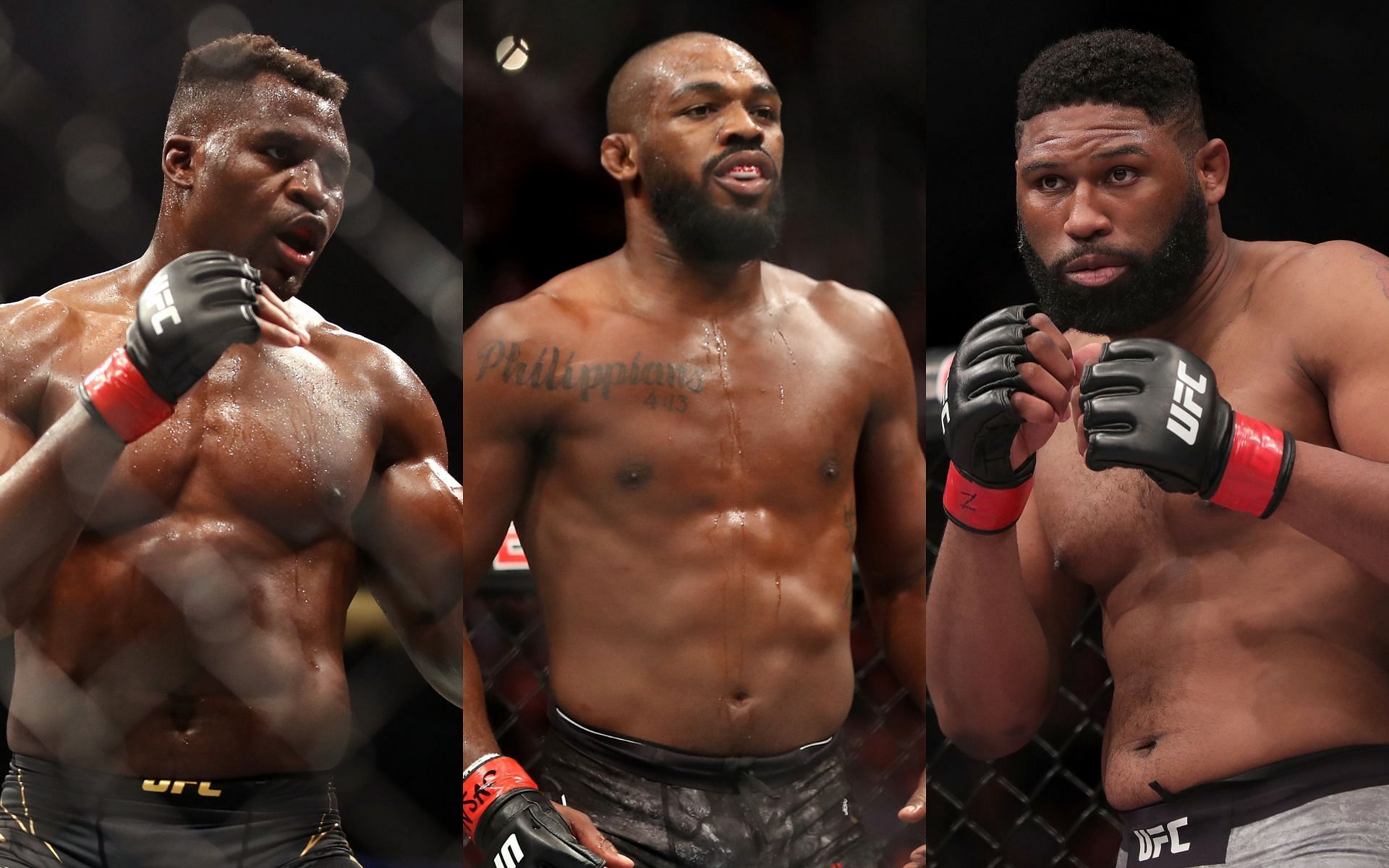 From left to right: Francis Ngannou, Jon Jones, and Curtis Blaydes