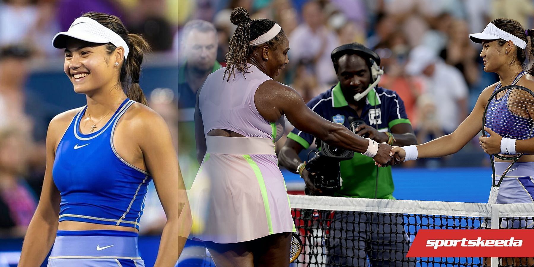 Serena Williams and Emma Raducanu exchange pleasantries following their 2022 Cincinnati Open clash