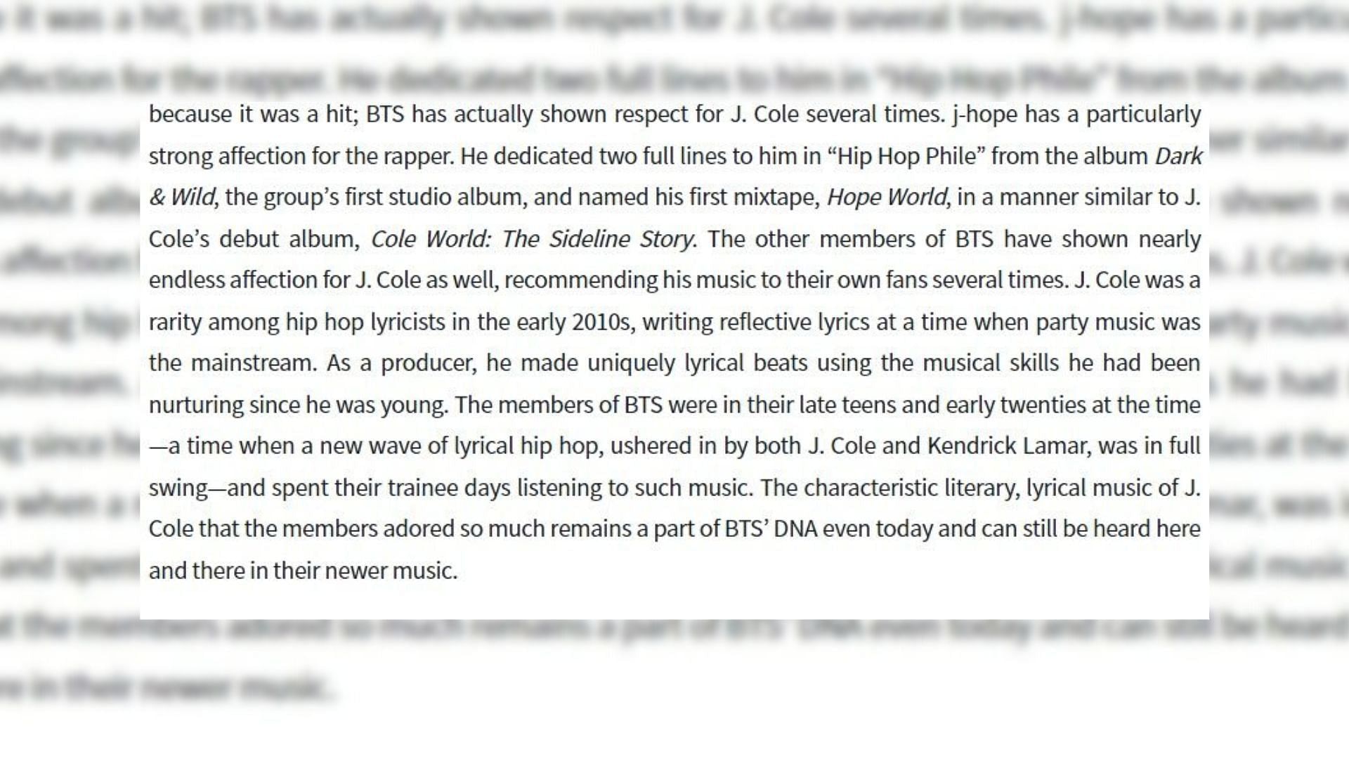 A piece explaining J. Cole&#039;s influence on BTS as young artists. (Image via Weverse Magazine)
