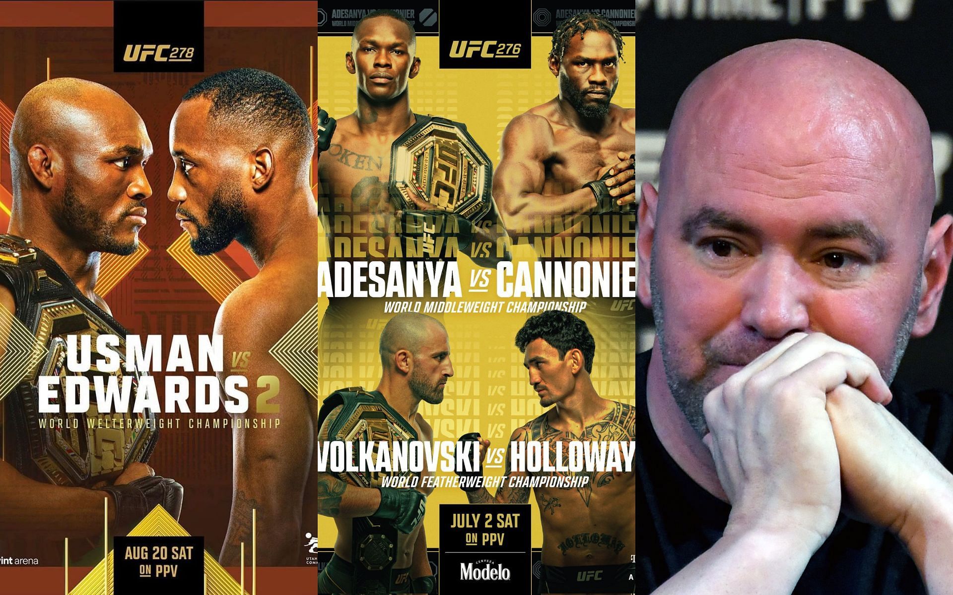 (L to R) UFC 278 poster (via @usman84kg on Instagram), UFC 276 poster (via @SandhuMMA on Twitter), Dana White