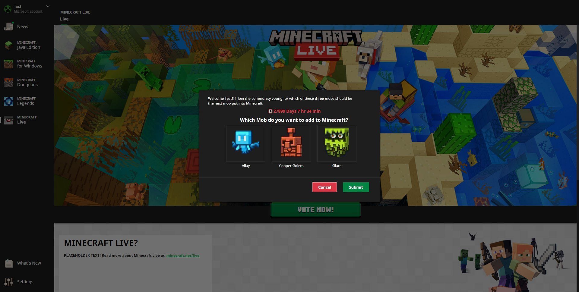 The official game launcher will feature a new Minecraft Live event section for mob votes (Image via Twitter/@RogerBadgerman)