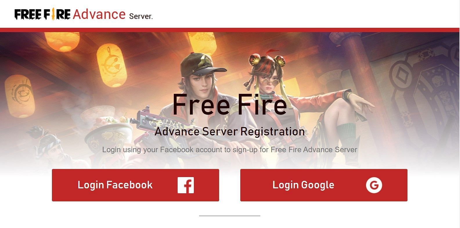 Login options on official Advance Server website (Image via Garena)