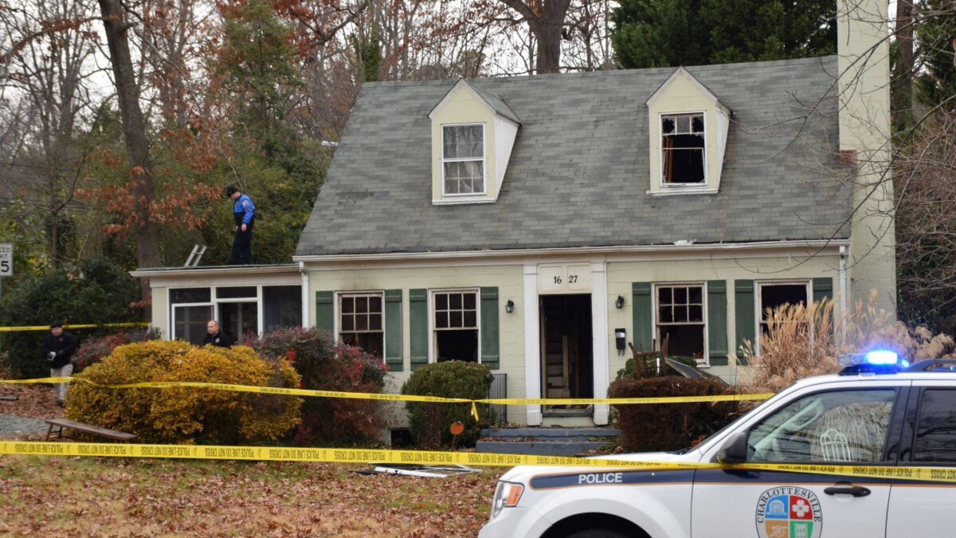 A still of the burned down house of Robin and Mani Aldridge (Image Via WVTF/Google)