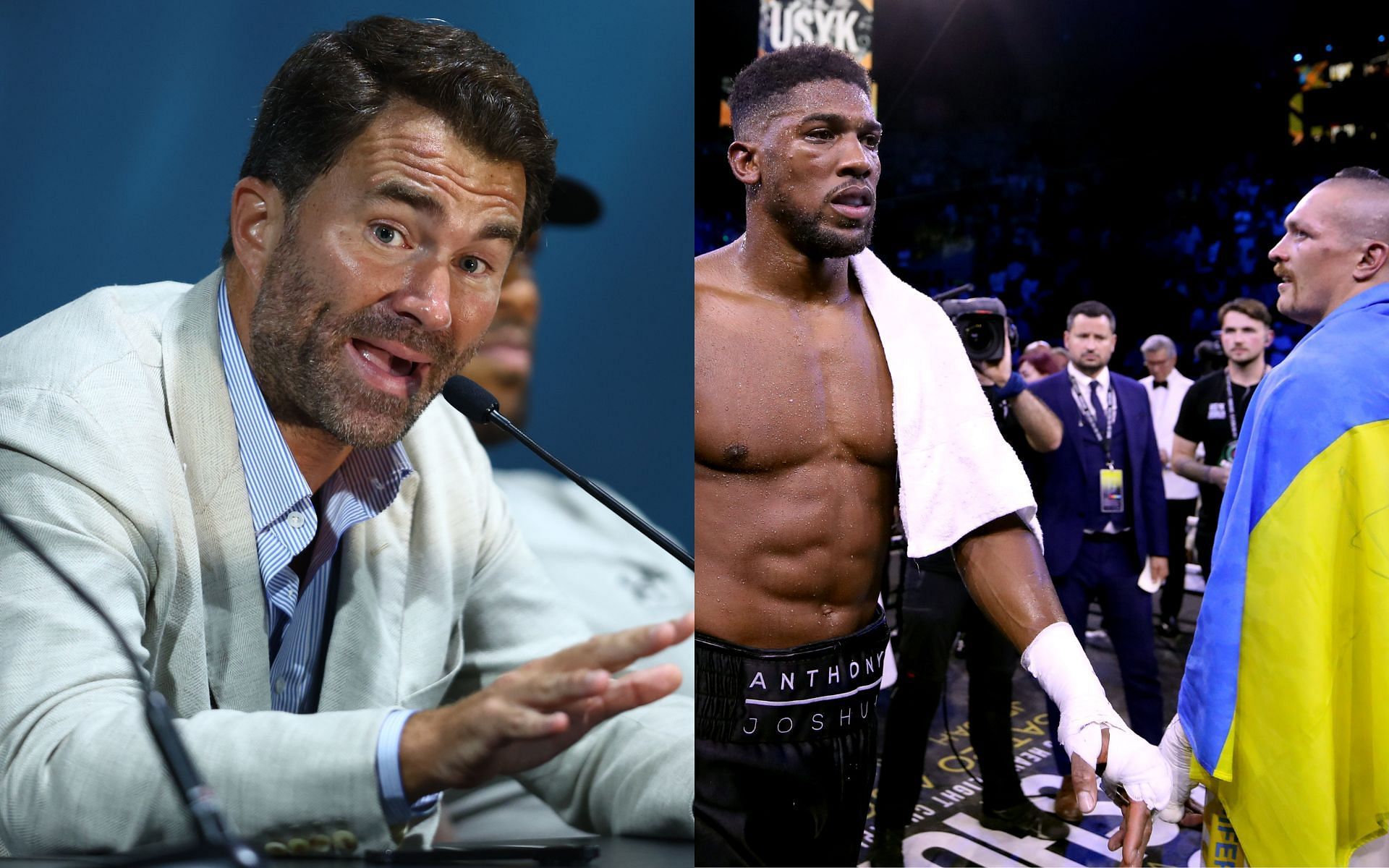  Eddie Hearn (left) and Anthony Joshua with Oleksandr Usyk (right) (Image credits Getty Images)