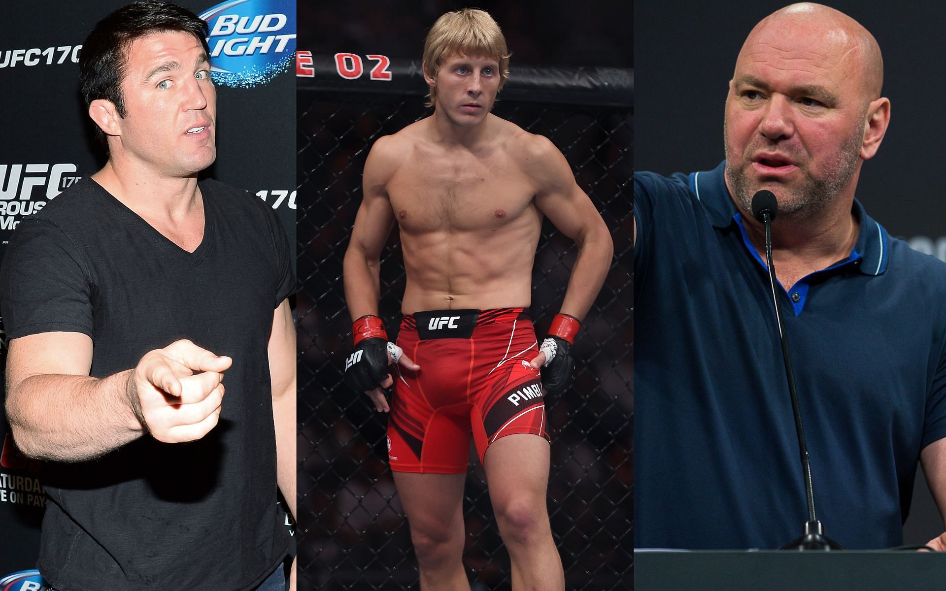 Chael Sonnen (left), Paddy Pimblett (center), Dana White (right)