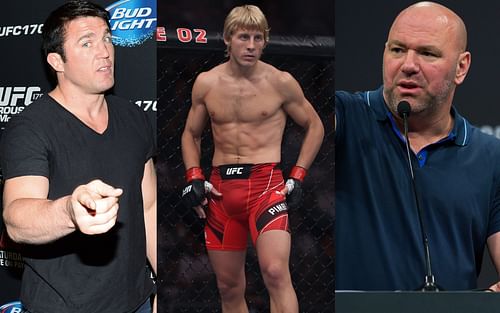 Chael Sonnen (left), Paddy Pimblett (center), Dana White (right)