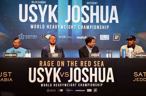 From left to right : Oleksandr Usyk , Alexander Krassyuk, Eddie Hearn, Anthony Joshua