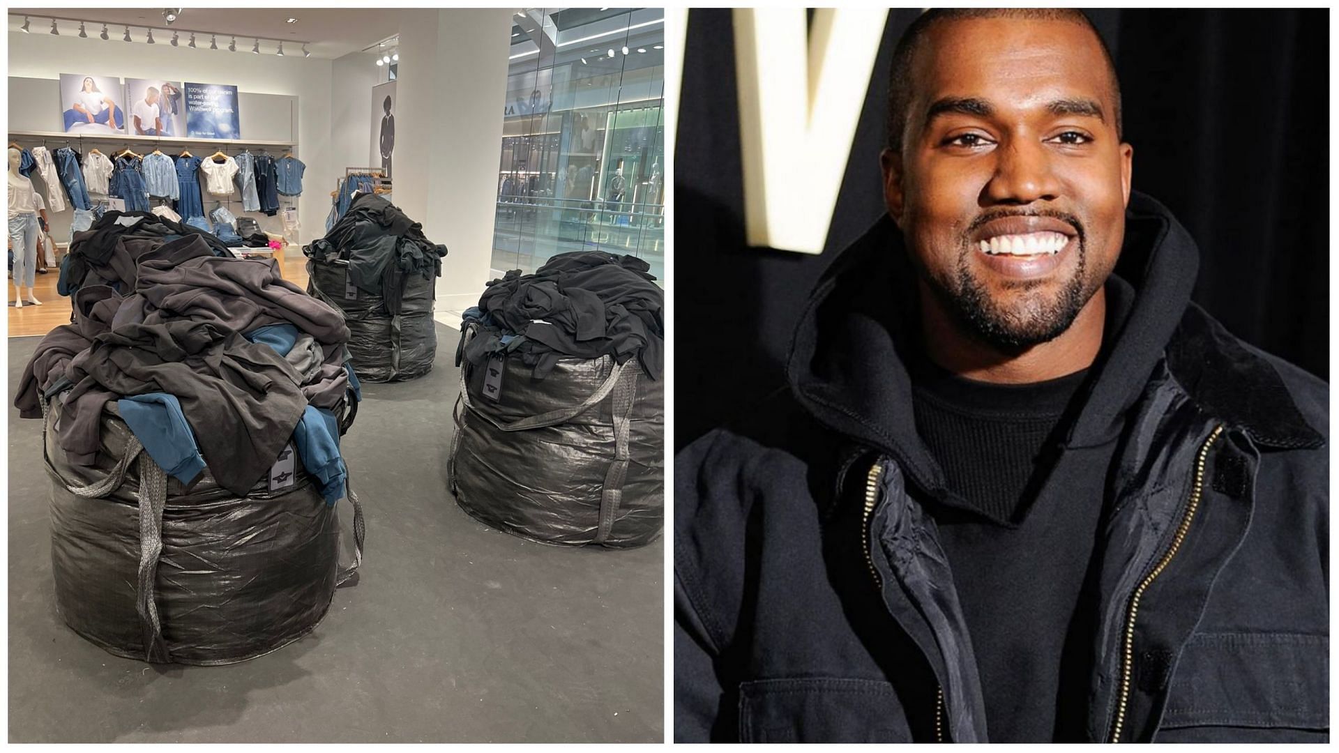 Internet users slam Kanye West for selling clothes from garbage bags (Image via @owen_lang/Twitter and @kanyethegoatwest/Instagram)