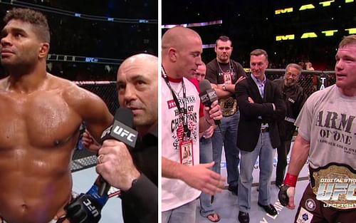 Alistair Overeem and Joe Rogan (L) Georges St-Pierre and Matt Hughes (R) - (@FIGHTLAND - Twitter & UFC - YouTube)