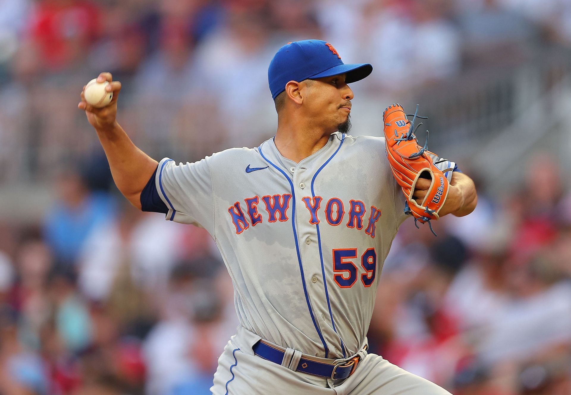 Carlos Carrasco delivers a pitch during an MLB New York Mets v Atlanta Braves game.