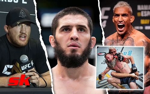 (L to R) Justin Gaethje, Islam Makhachev,  Oliveira vs. Gaethje, Charles Oliveira [Images via @TheMacLife on YouTube, @islam_makhachev, @charlesdobronxs and @ufc on Instagram]