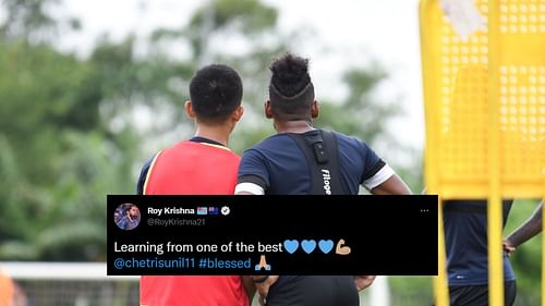 Roy Krishna along with Sunil Chhetri during a Bengaluru FC training session (Image Courtesy: Bengaluru FC Twitter)