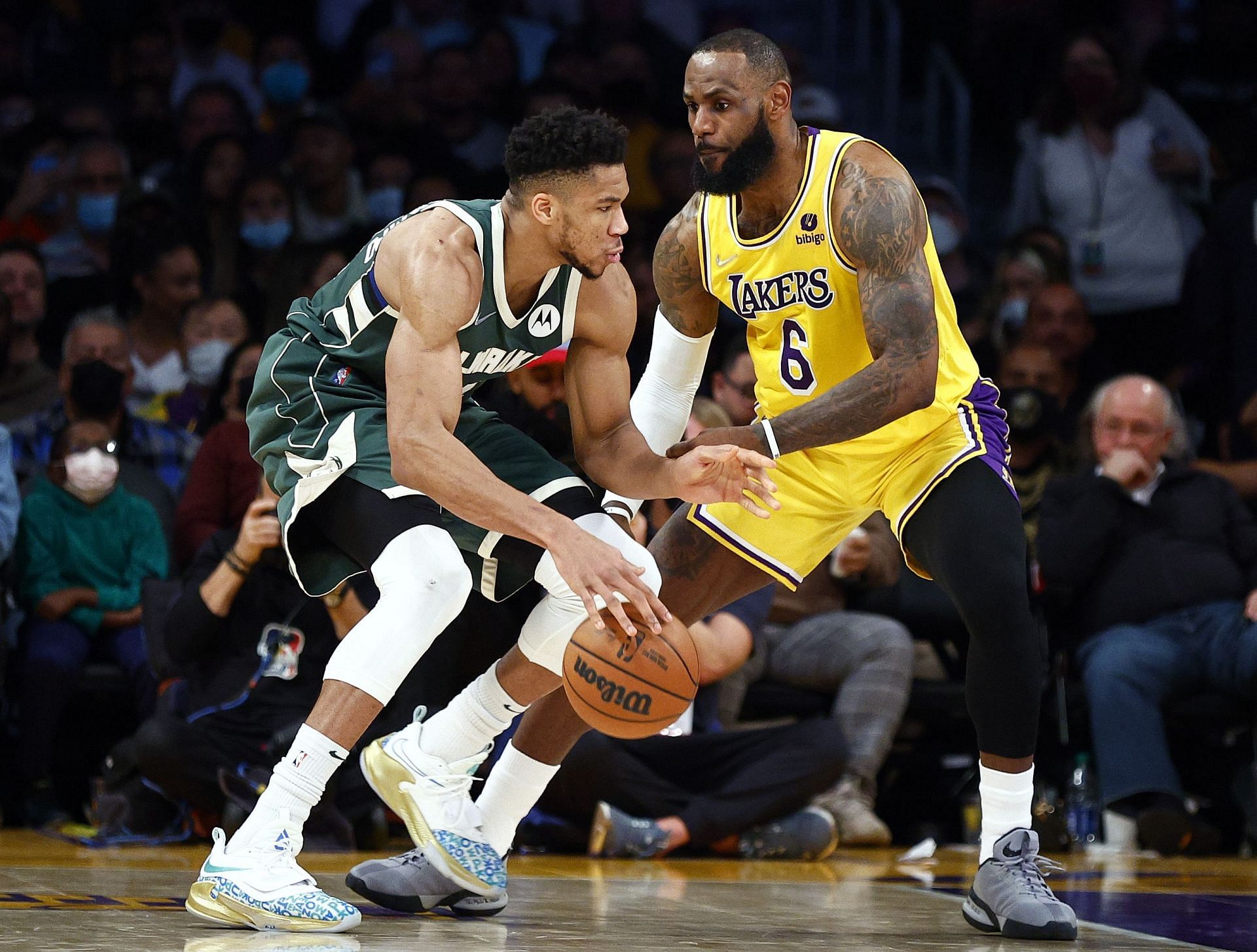 Giannis Antetokounmpo of the Milwaukee Bucks and LeBron James of the LA Lakers