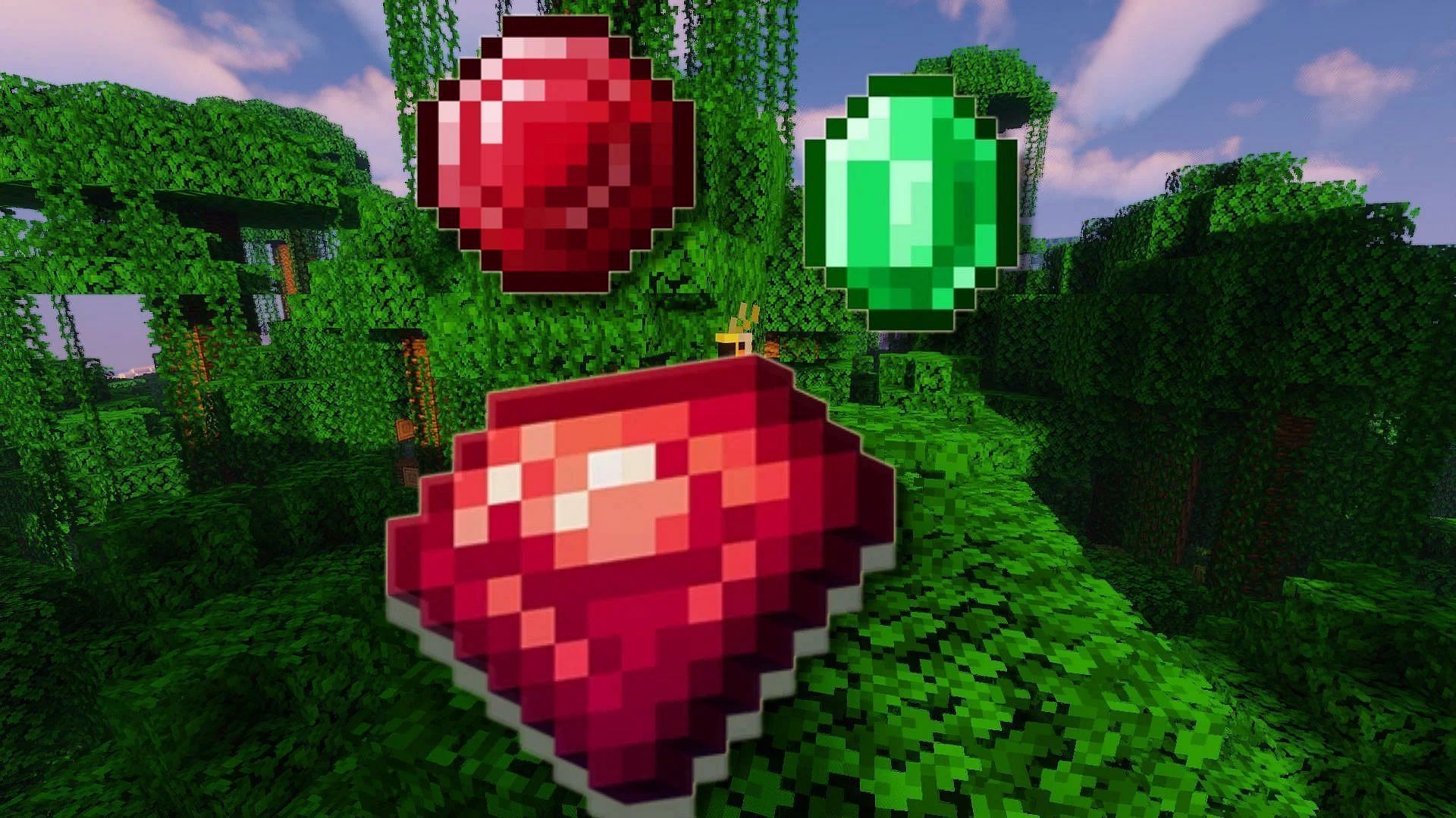 Rubies in both their forms and emeralds (Image via Minecraft)