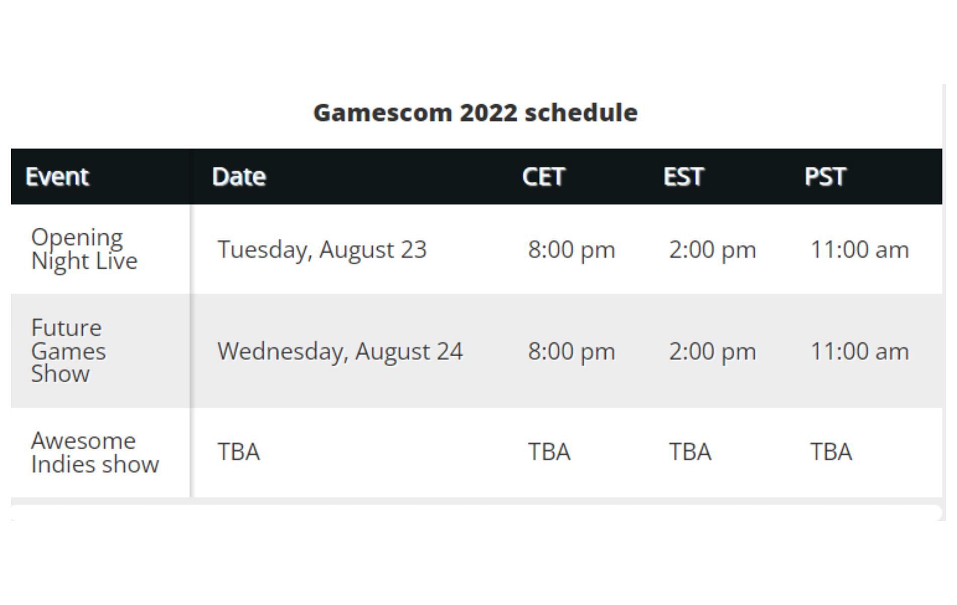 The timetable for Gamescom (Image via Gamescom)