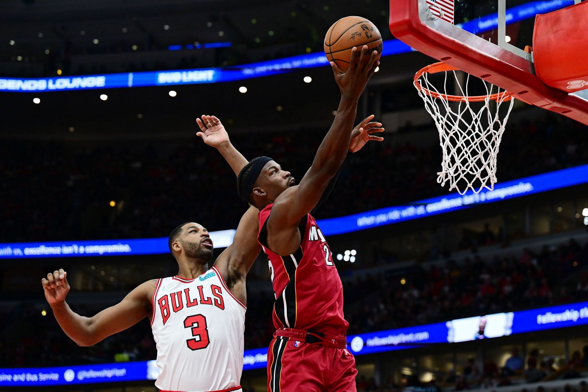 Tristan Thompson (left) in action during for the Miami Heat against the Chicago Bulls